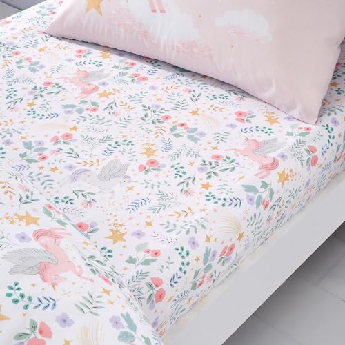 Catherine Lansfield Fairytale Unicorno Lenzuolo con angoli per letto matrimoniale, bianco