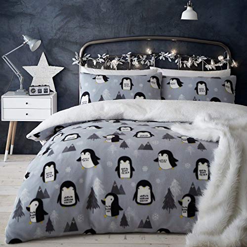 Catherine Lansfield Cosy Penguin Set copripiumino matrimoniale in pile con federe, colore: grigio