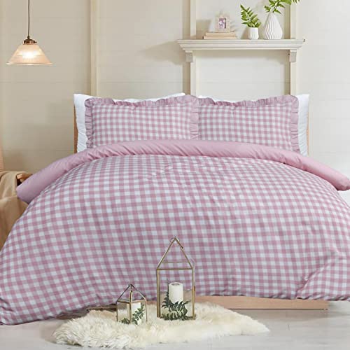 Sleepdown Set copripiumino reversibile, motivo in tinta unita a quadretti, morbido e facile da pulire, con federe con bordo increspato, per letto super king size, 260 cm x 220 cm, colore rosa