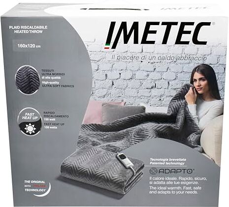 Imetec Caldo Plaid Herringbone , Plaid Riscaldabile, Morbida Coperta Elettrica, 160x120 cm, Tessuto Double Face, Risparmio Energetico, Tecnologia Adapto, 6 Temperature, Lavabile, Grigio