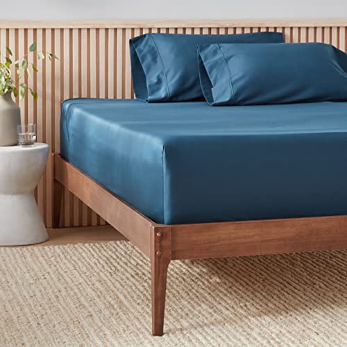 Amazon Aware Lenzuolo con angoli in rasatello da 300 fili in tessuto 100% cotone biologico, Blu navy, letto matrimoniale, 135 x 190 cm