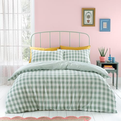 Catherine Lansfield Seersucker Set copripiumino per letto king size, motivo a quadretti, colore: verde