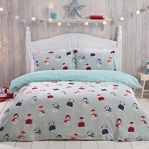 Sleepdown Jolly Snowman Natale pile blu caldo accogliente, super morbido, facile da pulire, con motivo a stelle grigie, reversibile, copripiumino e federa – singolo (135 cm x 200 cm)