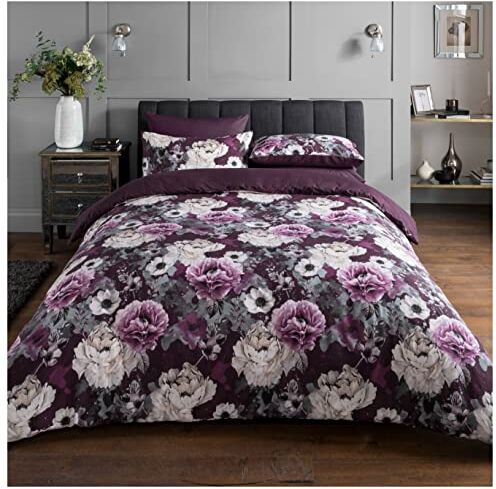 Sleepdown Inky Floral Purple Easy Care-Set Copripiumino Reversibile Morbido e Confortevole, 200 x 200 cm + 2 federe 80 x 80 cm, Policotone, Viola, 200 x 200cm + 2 x 80 x 80cm