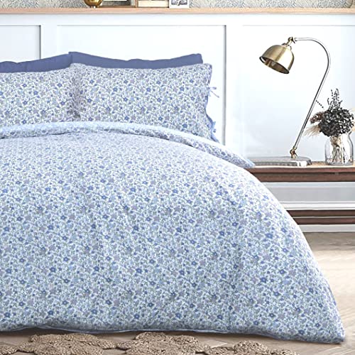 Sleepdown Set copripiumino reversibile, motivo floreale irregolare, con federa con lacci, morbido e facile da pulire, per letto matrimoniale, 200 x 200 cm, colore: blu e bianco