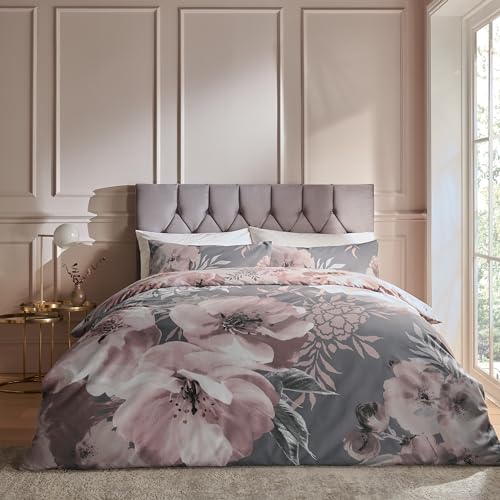 Catherine Lansfield Floreale Drammatico Copripiumino, Poliestere Cotone, Grigio, Set piumone 2 piazze