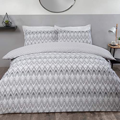 Sleepdown Set di biancheria da letto double-face con motivo geometrico a zig zag, nero, grigio, morbido, facile da pulire, con federe, super king size (260 x 220 cm), in policotone