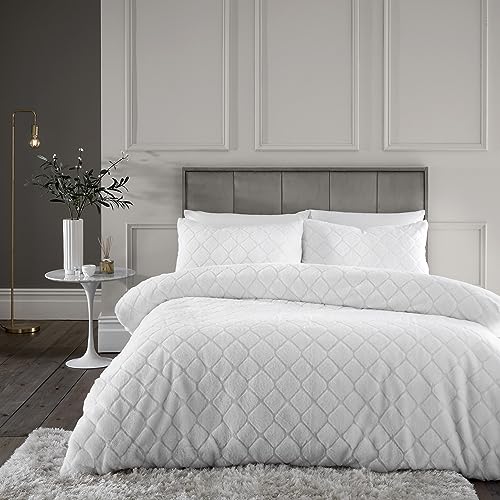 Catherine Lansfield Cosy Diamond Set copripiumino king size in finta pelliccia con federe, colore: bianco