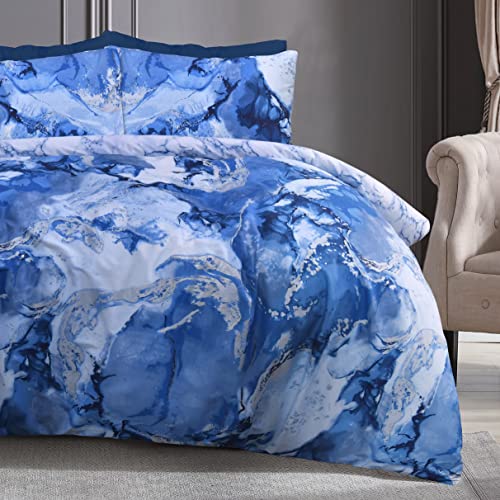 Sleepdown Set di biancheria da letto con copripiumino reversibile con motivo marmorizzato metallizzato, blu e argento, morbido, facile da pulire, con federa, per letto singolo (135 x 200 cm)