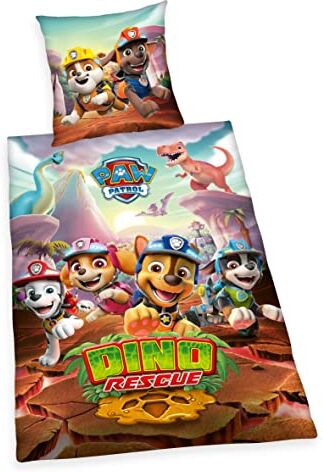 Herding Set Biancheria da Letto, Paw Patrol Dino Rescue, Federa 70 x 90 cm, Copripiumino 140 x 200 cm, Con Cerniera Scorrevole, 100% Cotone Renforcé, Multicolore