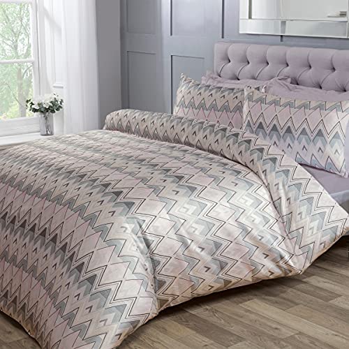 Sleepdown Just Contempo Set copripiumino per letto matrimoniale con federe, motivo a zig zag, motivo a righe geometriche, colore: Rosa e grigio