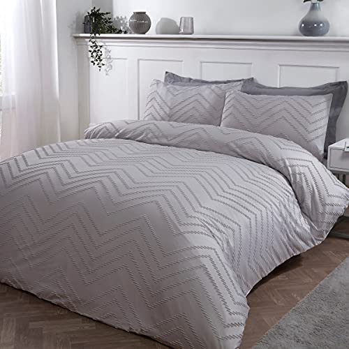 Sleepdown Set di biancheria da letto con copripiumino trapuntato a righe Nordic Geo Grey Soft Cosy Easy Care con federa per letto singolo (135 cm x 200 cm)