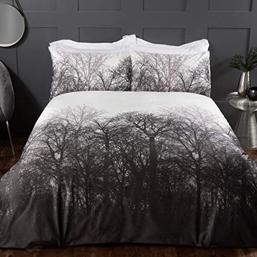 Sleepdown Winter Forest Trees Serene Scene Stampato Morbido Caldo Accogliente Velluto Bianco Carbone Grigio Copripiumino Copripiumino Biancheria da Letto con Federa-King (220 cm x 230 cm), Poliestere