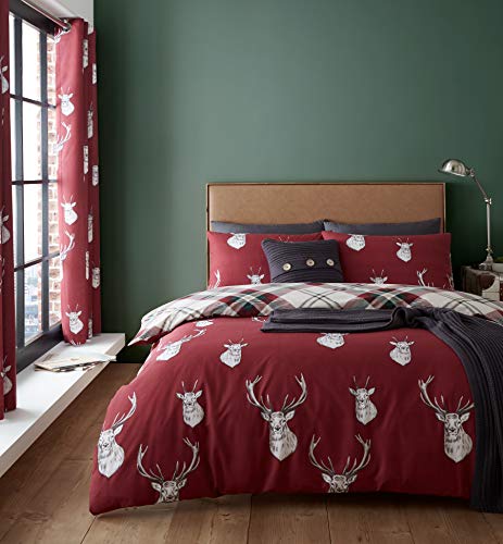 Catherine Lansfield Munro Stag Copripiumino, Poliestere, Rosso, Set piumone 1 Piazza