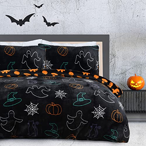 Sleepdown Set di biancheria da letto con copripiumino reversibile in pile di flanella di colore nero e arancione con fantasmi spettrali di Halloween, caldo e morbido, facile da pulire, per letto king