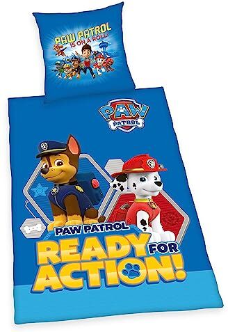 Herding Set di Biancheria da Letto, Paw Patrol, Federa 80 x 80 cm con Bottoni e Motivo Reversibile, Copripiumino 135 x 200 cm con Chiusura a Bottoni, 100% Cotone/Linone