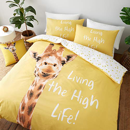 Catherine Lansfield Set copripiumino matrimoniale reversibile con federe, motivo: giraffa, colore: giallo