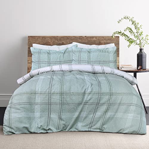 Sleepdown Set di biancheria da letto reversibile, con copripiumino e federa, con motivo verde a quadri, trapuntato, morbido e facile da pulire, king size (230 x 220 cm)