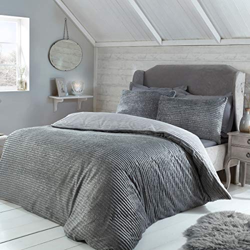 Sleepdown Set di biancheria da letto con federe per letto king size (220 cm x 230 cm) in pile a coste luccicanti, colore: grigio