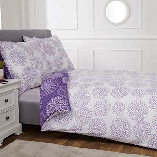 Sleepdown Set Copripiumino Reversibile con Motivo Geometrico Spiro Floreale Viola, Ultra Morbido, Facile da Pulire, ipoallergenico, Stampa Bianca, 155 x 220 cm + 2 federe 80 x 80 cm,