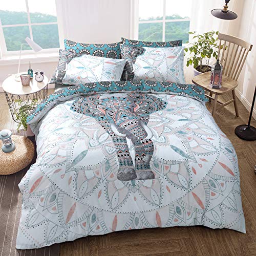 Sleepdown Set di biancheria da letto con copripiumino e federa, motivo: elefante mandala, color foglia di tè, reversibile, facile da lavare, anallergico, morbido e liscio, singolo