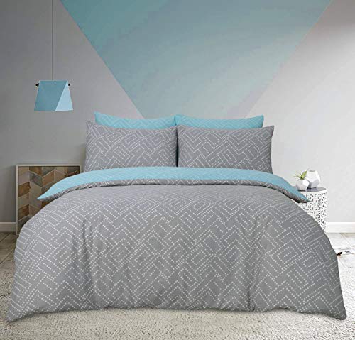 Sleepdown Set di biancheria da letto con morbido copripiumino reversibile e federa, motivo con quadrati e puntini, colore grigio, per letto king size (220 x 230 cm)