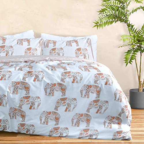 Sleepdown Set di biancheria da letto con federe, reversibile, morbido, facile da pulire, con motivo a elefante, colore: bianco ruggine e paisley (230 x 220 cm)