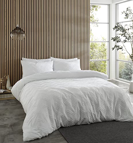 Catherine Lansfield Biancheria da letto composto da copripiumino e federe, tessuto jacquard con motivo a zig zag, singolo, colore: bianco