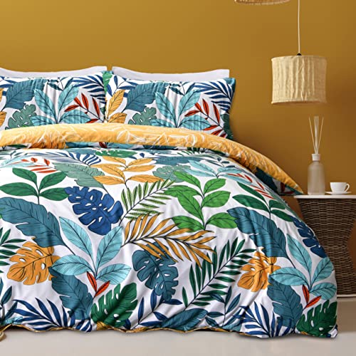 Sleepdown Set copripiumino reversibile con palme tropicali e fiori multi brillanti ocra, morbido e facile manutenzione, con federa, super king (260 cm x 220 cm)