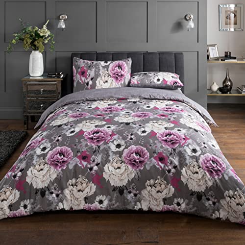 Sleepdown Inky Set copripiumino reversibile, facile da pulire, morbido, reversibile, motivo floreale, 135 x 200 cm + 1 federa da 80 x 80 cm, colore: grigio