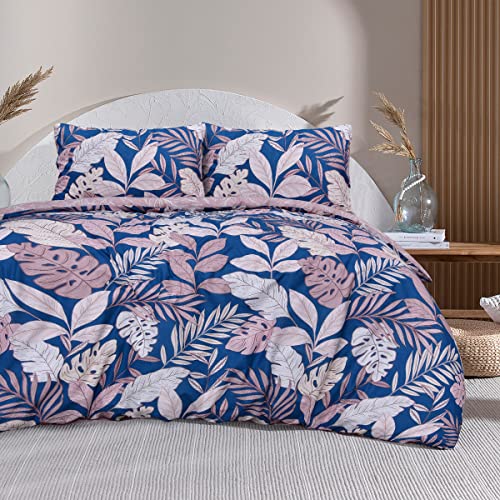 Sleepdown Set di biancheria da letto, con copripiumino e federa, motivo: palme tropicali/floreale, colore: rosa/blu scuro, reversibile, morbido, facile da pulire, trapuntato, singolo (135 x 200 cm)