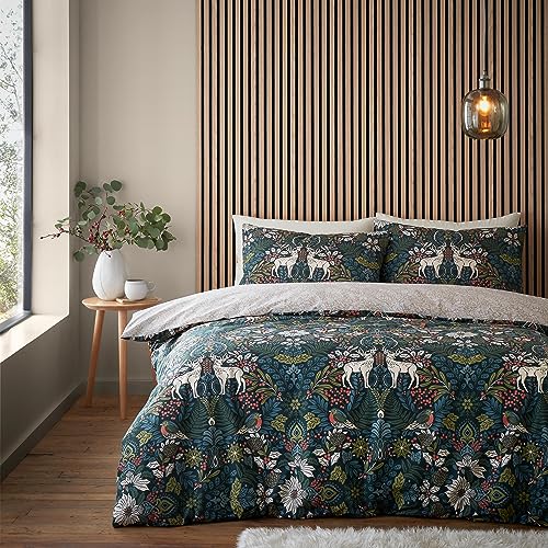 Catherine Lansfield Majestic Set copripiumino reversibile per letto singolo con federa, motivo: cervo, colore: Verde