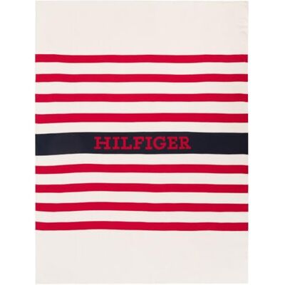 Tommy Hilfiger Plaid, bianco sporco, maglia, 100% cotone biologico, righe e logo HILFIGER, grafico e iconico, 130x170 cm Tommy Hilfiger Plaid, bianco sporco, maglia, 100% cotone biologico, righe e logo HILFIGER, grafico e iconico, 130x170 cm