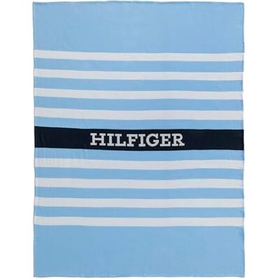 Tommy Hilfiger Plaid, oxford, celeste, maglia, 100% cotone biologico, righe e logo HILFIGER, grafico e iconico, 130x170 cm Tommy Hilfiger Plaid, oxford, celeste, maglia, 100% cotone biologico, righe e logo HILFIGER, grafico e iconico, 130x170 cm