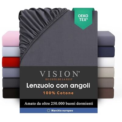 VISION Lenzuolo con angoli 100% cotone Letto matrimoniale (180 x 200 cm) Angoli elasticizzati Adatto a materassi fino a 30 cm Oeko-Tex Lavabile in lavatrice Colore: grigio scuro VISION Lenzuolo con angoli 100% cotone Letto matrimoniale (180 x 200 cm) Angoli elasticizzati Adatto a materassi fino a 30 cm Oeko-Tex Lavabile in lavatrice Colore: grigio scuro
