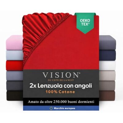 VISION Lenzuolo con angoli 100% cotone Confezione da 2 Per letto singolo (90 x 200 cm) Angoli elastici Adatto a materassi fino a 30 cm Oeko-Tex Lavabile in lavatrice Colore: rosso VISION Lenzuolo con angoli 100% cotone Confezione da 2 Per letto singolo (90 x 200 cm) Angoli elastici Adatto a materassi fino a 30 cm Oeko-Tex Lavabile in lavatrice Colore: rosso