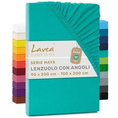 Lavea ® Lenzuolo con Angoli Singolo 90x200 cm 100% Cotone Traspirante per Materassi alti fino a 20 cm con Elastico in Jersey Turchese Lavea ® Lenzuolo con Angoli Singolo 90x200 cm 100% Cotone Traspirante per Materassi alti fino a 20 cm con Elastico in Jersey Turchese