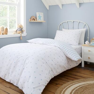 Bianca Set copripiumino singolo con federa in cotone, reversibile, motivo a stelle e strisce, colore: blu Bianca Set copripiumino singolo con federa in cotone, reversibile, motivo a stelle e strisce, colore: blu