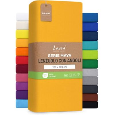 Lavea ® Lenzuolo con Angoli Una Piazza e Mezza 120x200 cm 100% Cotone Morbido e Traspirante per Materassi alti fino a 20 cm con Elastico in Jersey Giallo oro Lavea ® Lenzuolo con Angoli Una Piazza e Mezza 120x200 cm 100% Cotone Morbido e Traspirante per Materassi alti fino a 20 cm con Elastico in Jersey Giallo oro