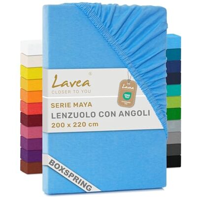 Lavea ® Lenzuolo con Angoli King Size 200x220 cm 100% Cotone Morbido e Traspirante per Materassi alti fino a 35 cm con Elastico in Jersey Azzurro cielo Lavea ® Lenzuolo con Angoli King Size 200x220 cm 100% Cotone Morbido e Traspirante per Materassi alti fino a 35 cm con Elastico in Jersey Azzurro cielo
