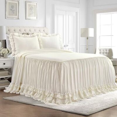 Lush Decor Ella, Copriletto vintage chic in pizzo con increspature, queen, stile fattoria, leggero, colore avorio, set di 3 pezzi Lush Decor Ella, Copriletto vintage chic in pizzo con increspature, queen, stile fattoria, leggero, colore avorio, set di 3 pezzi