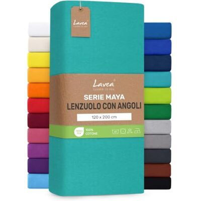 Lavea ® Lenzuolo con Angoli Una Piazza e Mezza 120x200 cm 100% Cotone Traspirante per Materassi alti fino a 20 cm con Elastico in Jersey Turchese Lavea ® Lenzuolo con Angoli Una Piazza e Mezza 120x200 cm 100% Cotone Traspirante per Materassi alti fino a 20 cm con Elastico in Jersey Turchese
