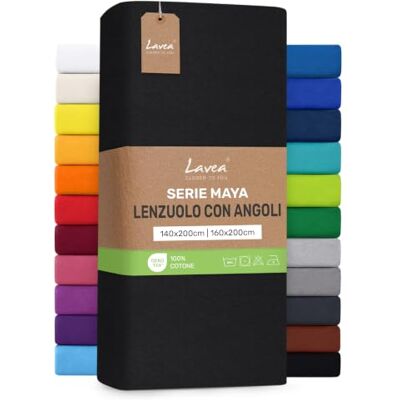 Lavea ® Lenzuolo con Angoli Una Piazza e Mezza Francese 140x200 cm 100% Cotone Morbido e Traspirante per Materassi alti fino a 20 cm con Elastico in Jersey Nero Lavea ® Lenzuolo con Angoli Una Piazza e Mezza Francese 140x200 cm 100% Cotone Morbido e Traspirante per Materassi alti fino a 20 cm con Elastico in Jersey Nero