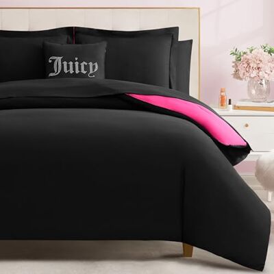 Juicy Couture Bed in a Bag Set copripiumino per letto matrimoniale, in poliestere, colore: nero/rosa acceso Juicy Couture Bed in a Bag Set copripiumino per letto matrimoniale, in poliestere, colore: nero/rosa acceso