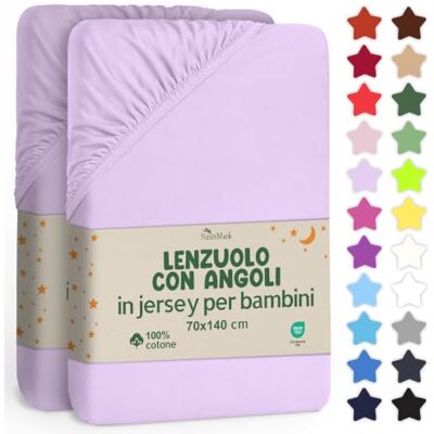 NatureMark Lenzuolo con Angoli per Bambini 70x140 cm – Jersey Morbido, 100% Cotone, Set da 2 per Culla e Lettino, Lilla/Lavanda NatureMark Lenzuolo con Angoli per Bambini 70x140 cm – Jersey Morbido, 100% Cotone, Set da 2 per Culla e Lettino, Lilla/Lavanda