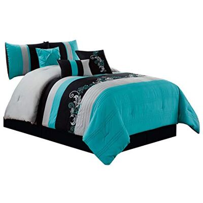 Chezmoi Collection Napa Set biancheria da letto 7 pezzi, ricamo con foglie e volute dal tocco lussuoso (king-size XL, verde acqua/grigio/nero) Chezmoi Collection Napa Set biancheria da letto 7 pezzi, ricamo con foglie e volute dal tocco lussuoso (king-size XL, verde acqua/grigio/nero)