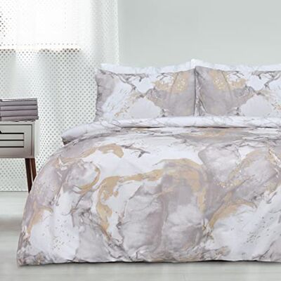 Sleepdown Set di biancheria da letto con copripiumino reversibile in marmo metallizzato, con brillantini, oro naturale, morbido, facile da pulire, per letto singolo (135 x 200 cm) Sleepdown Set di biancheria da letto con copripiumino reversibile in marmo metallizzato, con brillantini, oro naturale, morbido, facile da pulire, per letto singolo (135 x 200 cm)