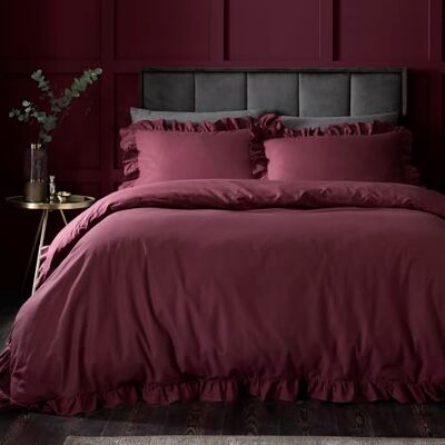 Appletree Hygge Set copripiumino in 100% cotone, super king size, 260 x 220 cm, colore bacca, tinta unita con bordo arricciato, 144 fili Appletree Hygge Set copripiumino in 100% cotone, super king size, 260 x 220 cm, colore bacca, tinta unita con bordo arricciato, 144 fili