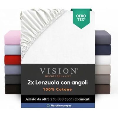 VISION Lenzuolo con angoli 100% cotone Confezione da 2 Per letto singolo (90 x 200 cm) Angoli elastici Adatto a materassi fino a 30 cm Oeko-Tex Lavabile in lavatrice Colore: bianco VISION Lenzuolo con angoli 100% cotone Confezione da 2 Per letto singolo (90 x 200 cm) Angoli elastici Adatto a materassi fino a 30 cm Oeko-Tex Lavabile in lavatrice Colore: bianco