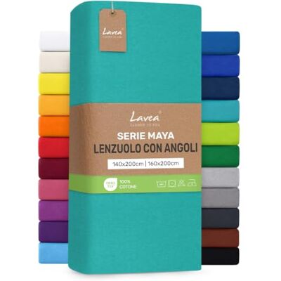 Lavea ® Lenzuolo con Angoli Una Piazza e Mezza Francese 140x200 cm 100% Cotone Morbido e Traspirante per Materassi alti fino a 20 cm con Elastico in Jersey Turchese Lavea ® Lenzuolo con Angoli Una Piazza e Mezza Francese 140x200 cm 100% Cotone Morbido e Traspirante per Materassi alti fino a 20 cm con Elastico in Jersey Turchese